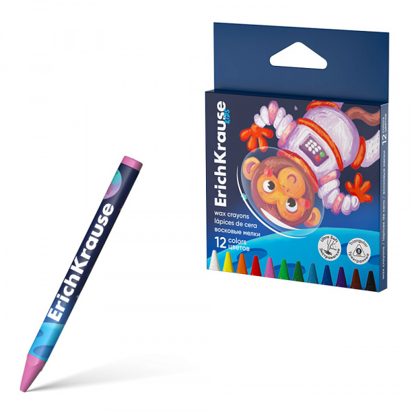 Восковые мелки ErichKrause Kids Space Animals трехгранные, 8 мм, 12 цветов