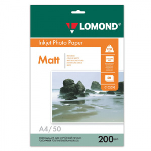 Фотобумага матовая, А4, 200 гм2, двусторонняя, 50 листов, LOMOND, 0102033