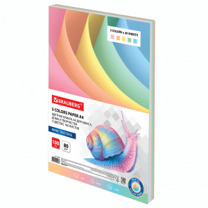 Бумага Brauberg А4 80гм 100л (5 цв.20л) пастель 112460 Бумага Brauberg А4 80гм 100л (5 цв.20л) пастель 112460