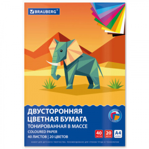 Цветная бумага А4 ТОНИРОВАННАЯ В МАССЕ, 40 листов, 20 цветов, склейка, 80 г.м2, BRAUBERG, 116339