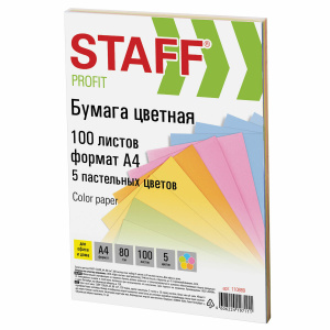 Бумага цветная Staff color A4,100л, 5цв 20л,пастель, 110889 Бумага цветная Staff color A4,100л, 5цв 20л,пастель, 110889