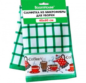 Салфетка из МИКРОФИБРЫ универсальная, 40х60 см, зеленая клетка, орнамент, 240 г.м2, BOOMHOUSE , 700878