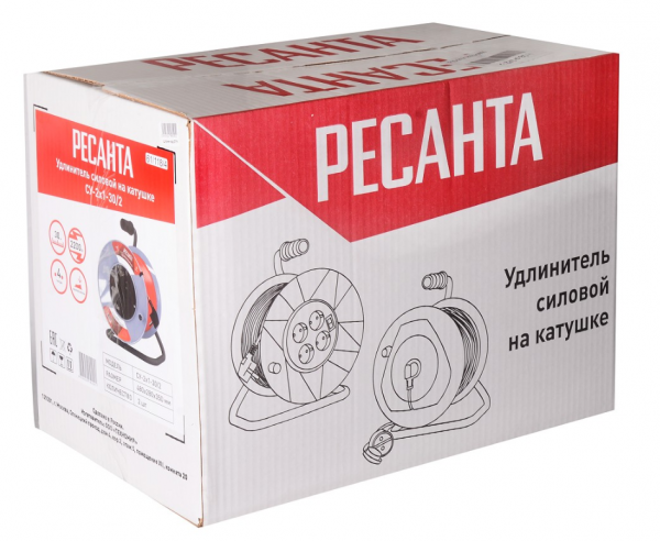 Удлинитель силовой на катушке, СУ-2х1-30/2 (с выкл., 4 розетки) Ресанта 