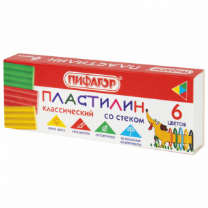 Пластилин классический ПИФАГОР  Веселая такса , 6 цветов, 90 г, СО СТЕКОМ