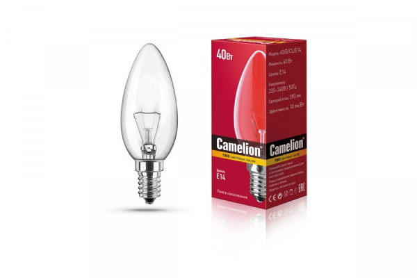 Лампа Camelion B E14 40W CL свеча прозр.