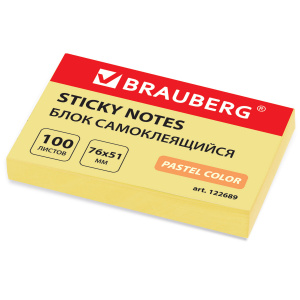Блок самоклеящ. BRAUBERG, ПАСТЕЛЬНЫЙ, 76×51 мм, 100 листов, желтый, 122689