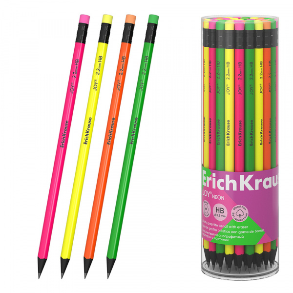 Чернографитный карандаш пластиковый ErichKrause JOY® Neon, круглый, с ластиком, HB